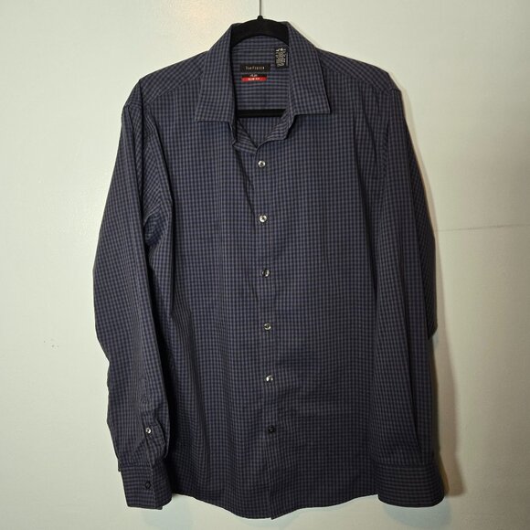 Men's VAN HEUSEN FLEX NO-IRON STRETCH DRESS SHIRT LARGE 18-18.5 Dark Blue Check - Picture 1 of 7